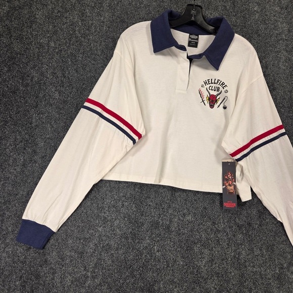 Stranger Things Hellfire Club Cropped Polo Shirt Womens L w/ Patches‎ Netflix - Picture 3 of 8